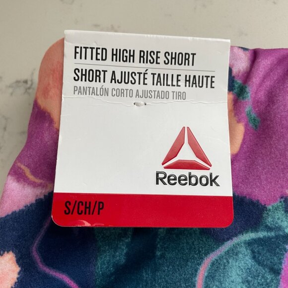 Reebok Fitted Hi Rise Poly Spandex Short Abstract Floral Print Purple Navy Sz S - Picture 4 of 11